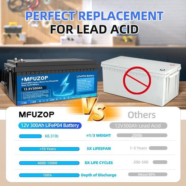 Акумулятор LiFePO4 MFUZOP 12,8V 300Ah 3840Wh з BMS IP65 2722 фото